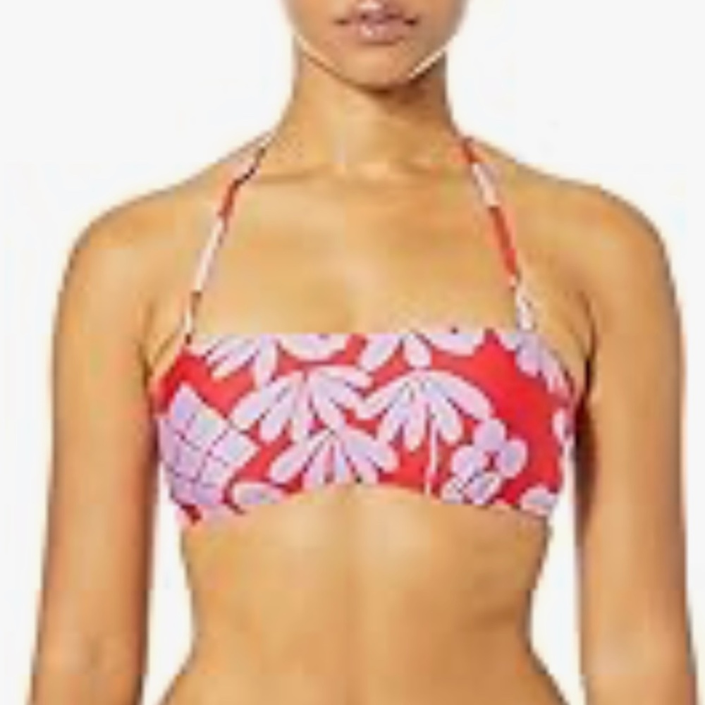 Trina Turk Floral Bandeau Bikini Top US 8 Red Lilac Halter Swim Floral Tropical